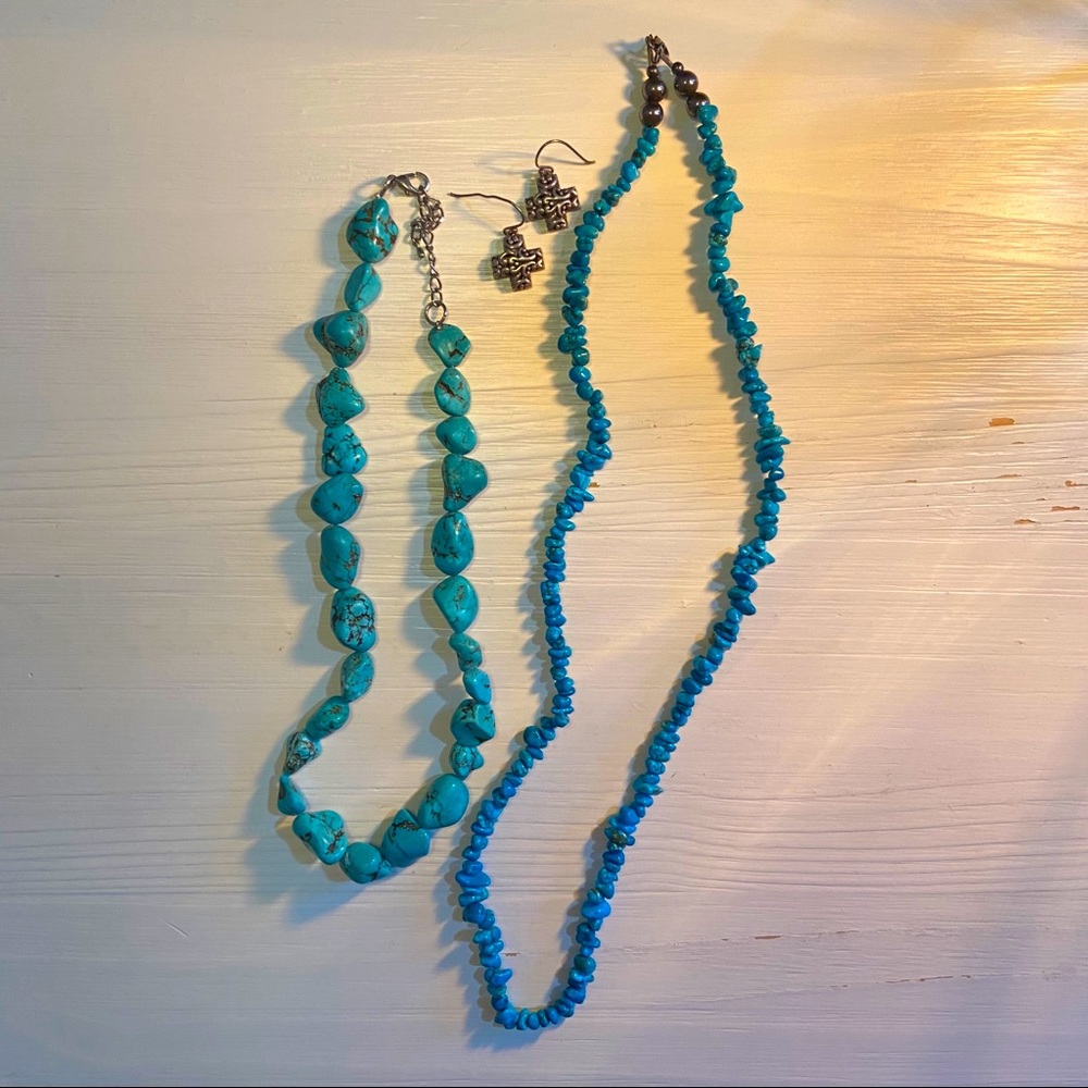 Turquoise necklace and cross earrings!!
